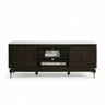 Front view of a dark wood TV cabinet with fluted doors, open shelves, and tapered metal legs