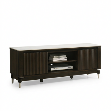 Angled view of a dark wood TV cabinet with fluted doors, open center shelves, and metal legs