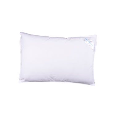 White rectangular pillow with stitched edges and small side tag