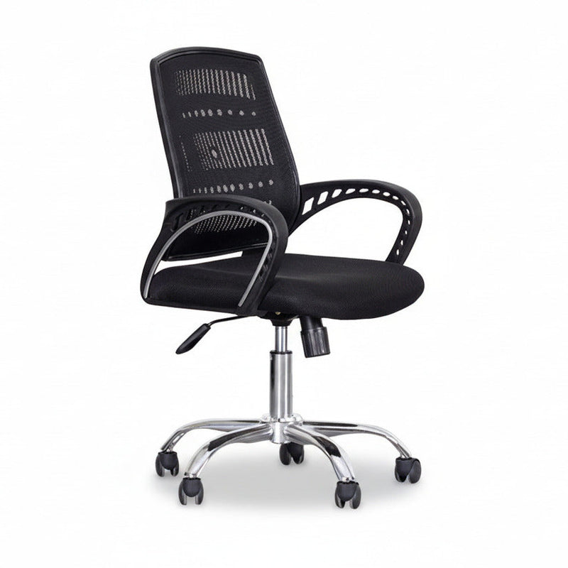 Black office chair with perforated mesh back, padded seat, chrome base and rolling casters