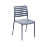 Grey plastic chair with horizontal slatted backrest and flat seat, four straight legs.